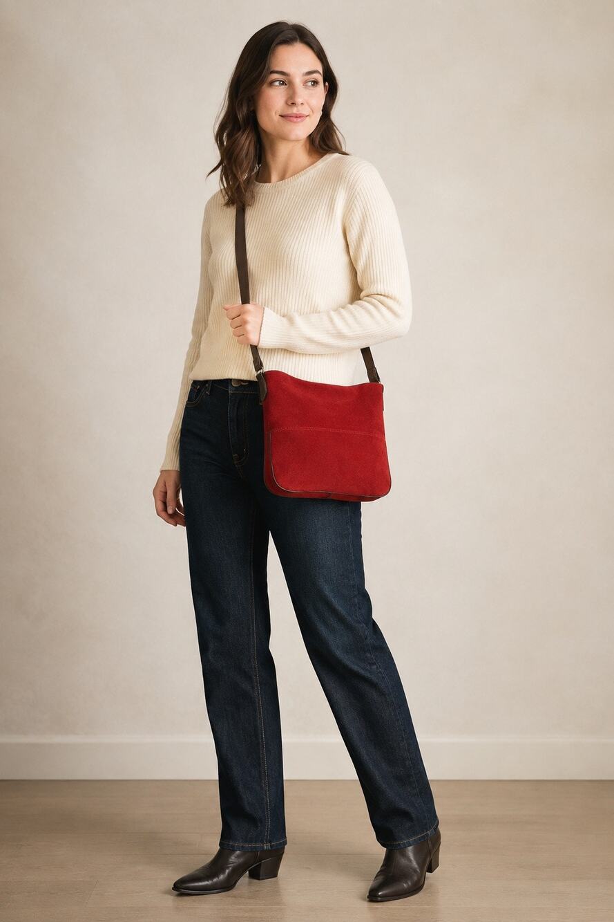 Vintage 2002 Old Navy Red Suede Leather Crossbody Messenger Bag Y2K